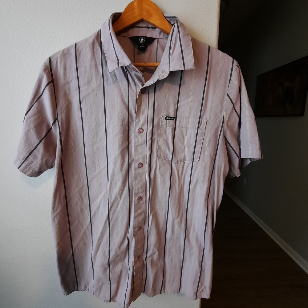 Volcom Men's Casual Button Down Shirt - Light Purple and Black Stripes